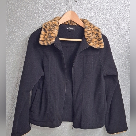 Effeci Black Fleece Jacket With A Faux Fur Leopard Pattern Size S - Picture 5 of 8